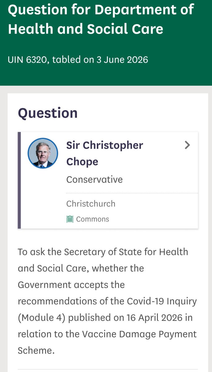 VIBUK_Official's tweet photo. In January 2025, @wesstreeting confirmed he had commissioned officials to review and reform the Vaccine Damage Payment Scheme (VDPS), including potential legislative changes.

Since then, the Covid Inquiry has recommended reform of the scheme. Yet @SharonHodgsonMP has indicated that the Government may not respond to those recommendations until October 2026.

In a parliamentary debate in September 2025, @EstherMcVey1 also said that "a lot of the heavy lifting has been done in the Cabinet Office and the Department of Health and Social Care." by the previous Government.

If reform work has been underway since January 2025, and substantial work had already been completed as stated by @EstherMcVey1, why are the vaccine injured and bereaved still being asked to wait?

It is now more than five years since the first Covid-19 vaccine injuries and deaths were reported. Those affected deserve action, not further delay.

How much longer are we expected to wait while Government "actively considers"?

"Actively considers" isn't action" It's delay, its an excuse for inaction. It's kicking the can down the road.......

@chris_chope 
@jamesmurray_ldn 
@Keir_Starmer 
@DHSCgovuk