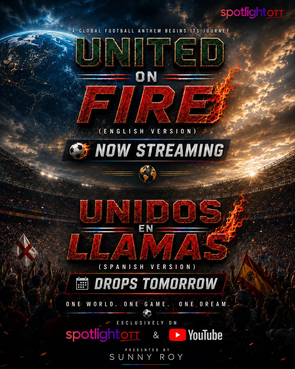 Myself_SunnyRoy's tweet photo. UNITED ON FIRE (English Version) is now streaming on SpotlightOTT

🇪🇸 The journey continues...

“UNIDOS EN LLAMAS” (Spanish Version) drops tomorrow! 

Stay tuned and get ready to feel the fire in Spanish! 🔥⚽

#UnidosEnLlamas #FootballAnthem2026 #WorldCup2026 https://t.co/RHcPi09zb4