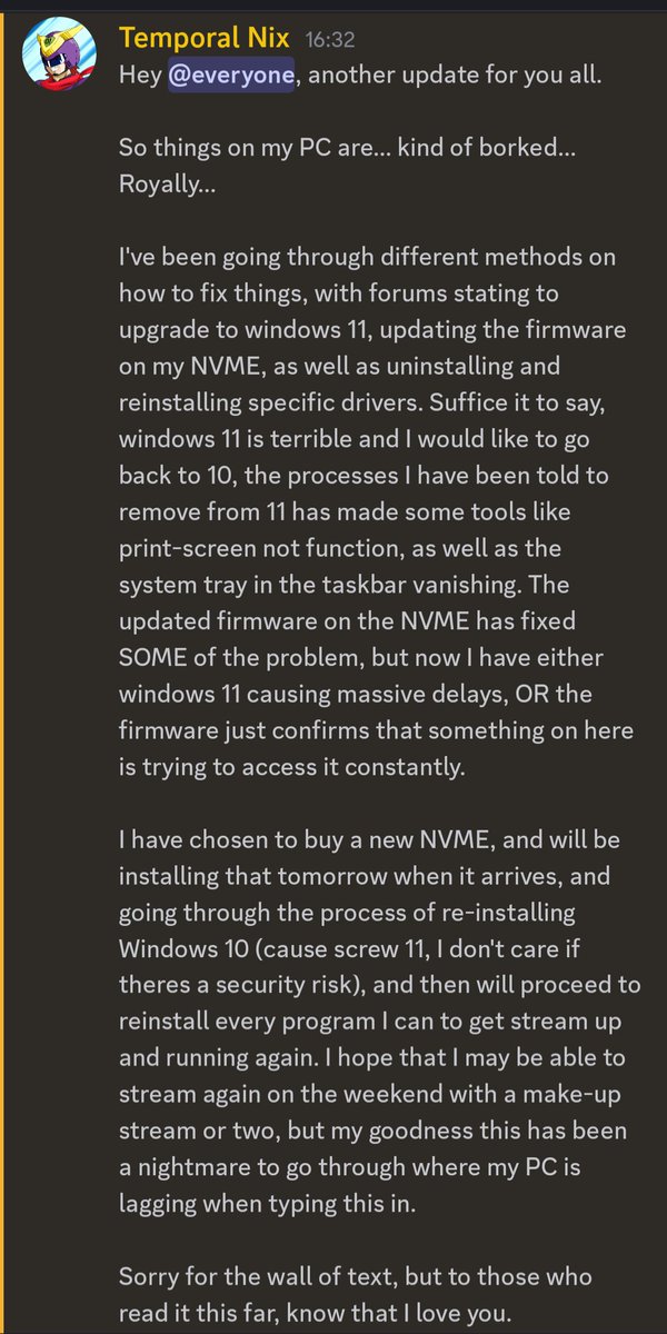 TemporalNix's tweet photo. Hey all, tldr of it is that my pc is borked so I doubt i can stream with it in this state. Good news is that I have my savings for this exact situation so new parts arriving soon. https://t.co/I3ZX4KERJG