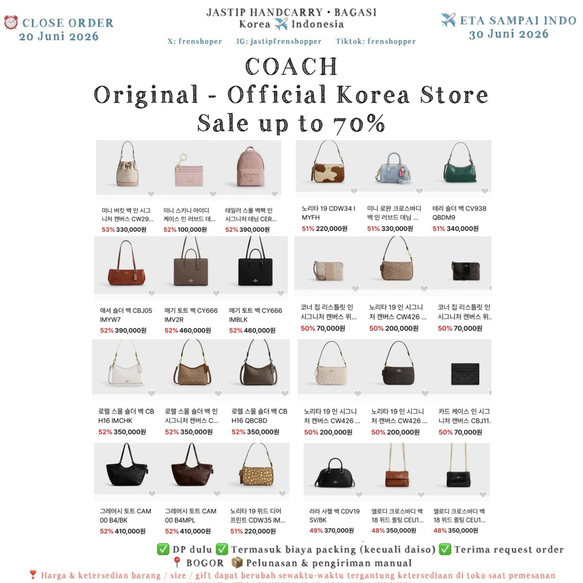 frenshoper's tweet photo. OPEN ORDER PO JASTIP HANDCARRY KOREA INDONESIA

COACH - SALE
Original Oficial Korea Store

💵bersih INA chat admin
✅DP dulu
✅packing
✨katalog : https://t.co/PZzNijnIEv
📍Bogor
📦ETA 30 Juni
💌DM order

T; help rt ina go wts sell lfb jasa titip preorder jual bagasi handcarry hc diskon musinsa tas dompet id card holder coach branded handbag shoulder bag wallet original import murah sale myeongdong seongsu seoul go wh kr ina korea indonesia icn cgk icn