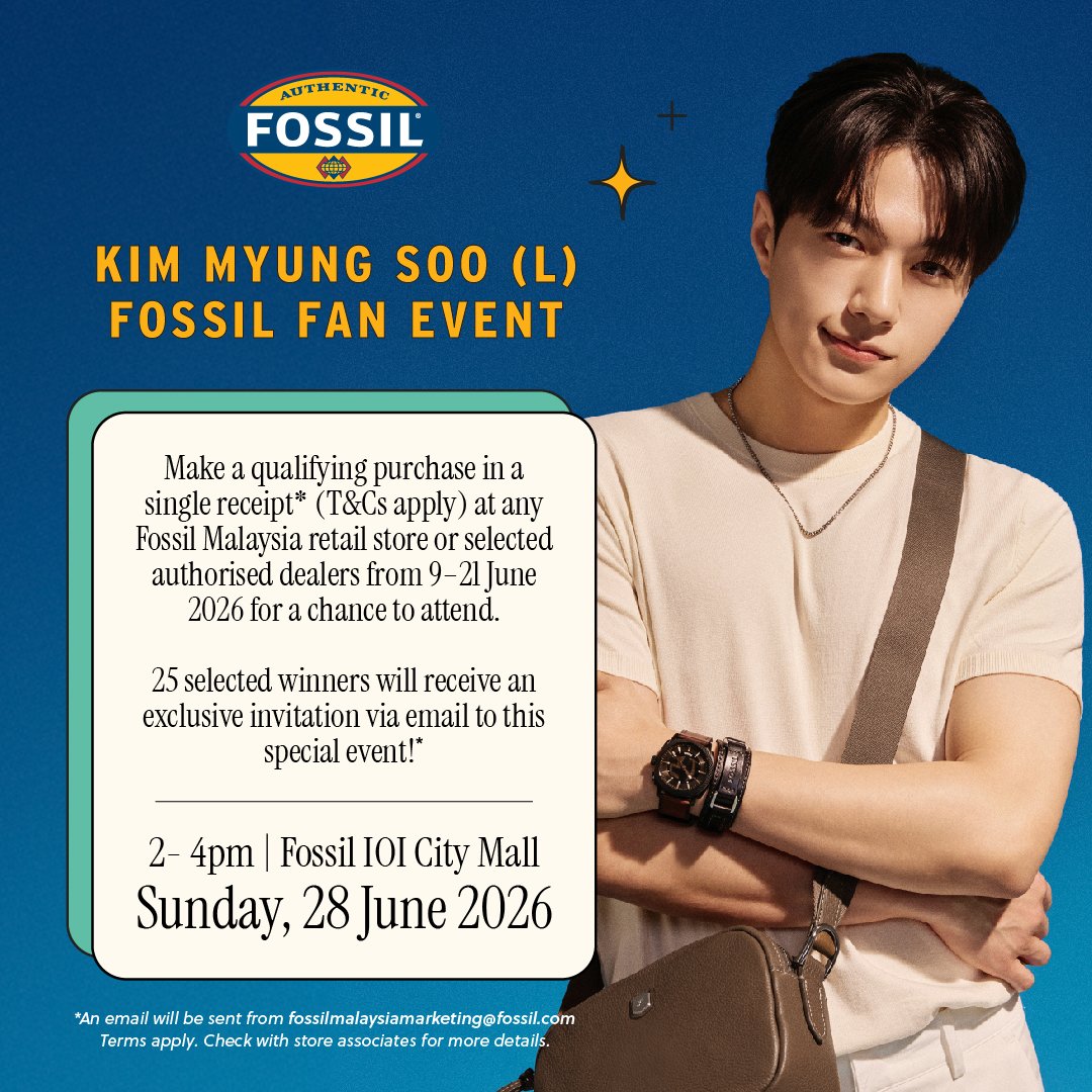 MyKpopHuntress's tweet photo. Kim Myung Soo (L) Fossil Fan Event in Malaysia 🇲🇾 

📅 28 JUNE 2026 | SUN | 2-4PM
📍 Fossil IOI City Mall

Shop at Fossil from 9-21 June to enter the giveaway for an exclusive invitation to the Kim Myung Soo (L) Fan Event on 28 June at the Fossil store, IOI City Mall!

25 lucky winners will score an exclusive VIP event invite packed with amazing perks:

✨️One 1:1 photo session
✨️One signed photocard by L
✨️One signed watch tin by L
✨️One mystery gift

T&C applies 🔗 https://t.co/XnFarX6xZT

#IOICityMall #Inspirit #KimMyungSoo #FossilMY #L #KIMMYUNGSOOxFOSSIL #KIMMYUNGSOOinKL #KIMMYUNGSOOinMY
