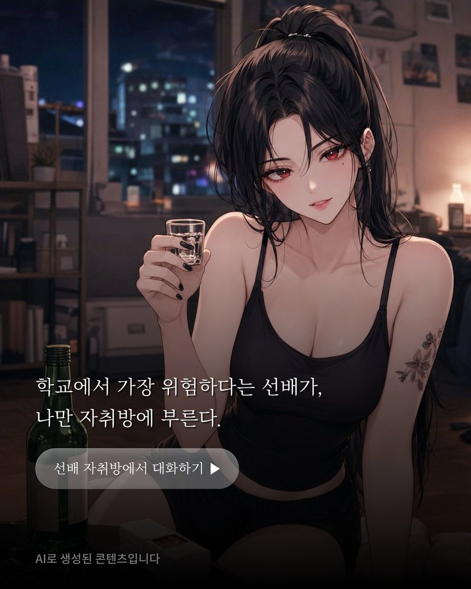 daepa_ai's tweet photo. 학교에서 위험하다고 소문난 선배가,
나만 자취방에 부른다.

늦은 밤, 술기운에 물든 그녀의 진심이 궁금해진다.

<나만 자취방에 부르는 선배 주민애와 대화하기>

#대파 #ai채팅 #캐릭터챗 #ai캐릭터 #선배 https://t.co/wQKVvBpjKC