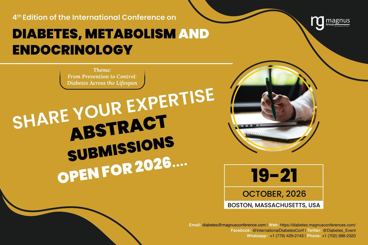 Diabetes_Event's tweet photo. 🩺🌍 Ready to transform diabetes care? @Diabetes_Event 

Join #Diabetes2026 in Boston, USA 🇺🇸
📅 Oct 19–21, 2026
Theme: From Prevention to Control: Diabetes Across the Lifespan

📄 Abstracts Open: https://t.co/ivShLfSDQC
#Endocrinology #DiabetesResearch #HealthcareInnovation https://t.co/MyjtSlCq9f