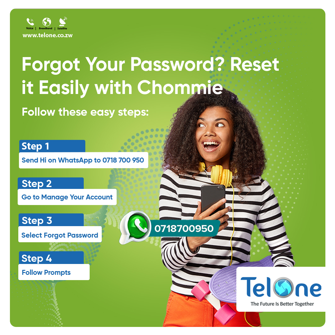 TelOneZW's tweet photo. Forgot Your Password? Reset It Easily via Chommie! Follow these simple steps to get back on track in no time #TelOne #LetsGoDigital https://t.co/3wFCgs2S7i