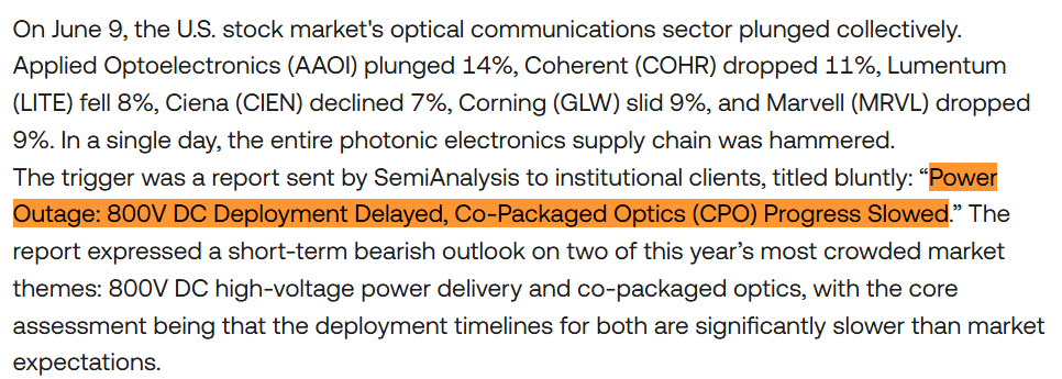 HyperSharkk's tweet photo. SemiAnalysis ปล่อย report ออกมาอีกแล้ว รอบนี้บอก CPO Delay!! แต่ไม่ต้อง panic กันไปครับ (คนในเขารู้กันอยู่แล้ว ผมก็เคยบอกไปแล้ว)

เมื่อคืน
- $AAOI -17%
- $LITE -9%
- $COHR - 12%
- $MVRL -8%
- $GLW -8%

เพราะ SemiAnalysis report บอก:
- CPO mass production ช้ากว่าคาด Volume 2027 ต่ำกว่าที่ hype กันมาก
- Large-scale production อาจจะเลื่อนไป 2028-2029

ปัญหาหลักๆ คือ
- Optical engine yield ~95% (optimistic)
- ASIC integration ยุ่งยาก
- cost ยังสูง
- supply chain maturity ช้า
- Scale-out CPO switch มีความเสี่ยง downside ใน volume

แต่!!! นี่ไม่ใช่การยกเลิกการผลิตเป็นแค่ timeline setback เฉยๆ (เคยบอกใน Ko-fi ไปแล้วว่า CPO ยังไม่มาเร็วขนาดนั้น)

ความจริงจาก Nvidia + Ecosystem (Pushback แรง)
- Gilad Shainer (Nvidia Networking SVP) บอกที่งาน Computex ว่า Scale-out CPO Spectrum-X ยัง ramp H2 2026 ตามแผน มี shipment ไป partner แล้ว!
- Pluggable optics ยัง demand แรงสุด (ตลาด $26B ปีนี้ → $45B ปี 2030) เพราะ CPO ช้า = ซื้อ pluggable ต่ออีก 1-2 ปีเต็ม
- NPO (Near Package Optics) อย่างที่บอกไปใน Ko-fi ว่าอาจจะเร่งขึ้นแทน แบบนี้ก็ดีกับ $LITE $COHR โดยตรง

อะ นี่คือ Timeline จริง (ไม่ใช่ price in ล่วงหน้าในตลาด)
-> ตอนนี้ 2026/27 → Pluggable 800G/1.6T หลัก ($AAOI ยังไปต่อ capacity ramp 9x 2027)
-> 2025-2028 → NPO จะเป็นสะพานเชื่อม ($LITE, $COHR 2 ตัวนี้จะโดดเด่น + ตอนนี้มี order ชัด)
-> 2026 H2+ → Scale-out CPO switch (Nvidia on track)
-> 2027+ → GPU/XPU CPO เต็มรูปแบบ (inflection จริง)

ราคา Dip แบบนี้ผมเห็นโอกาสอะไร?
-> เห็นได้ชัดว่า Pluggable + NPO runway ยาว = $AAOI, $CRDO, $SIVE, $COHR, $LITE ยัง fundamentals แน่น + มี order ล้นมือ ของขาดกันรัวๆ พื้นฐานไม่ได้พัง
-> มันเกี่ยวกับ 800V DC ด้วย (แต่ 400V ramp Q2 2026 ยังตามแผน, 800V เลื่อนไป 2028) → $NVTS $XFAB ยังน่าสะสม
-> ตลาด price in อนาคตไปไกลเกิ๊น เลยทำให้ Panic sell = โอกาส DCA หุ้นที่เป็น chokepoint

สรุปคือ Delay = FUD ชั่วคราว (ผมเรียกว่า Noise) แต่ AI capex hyperscaler ยังไปต่อ ไม่มี demand หาย แค่ technical hurdle ปกติของ tech ใหม่