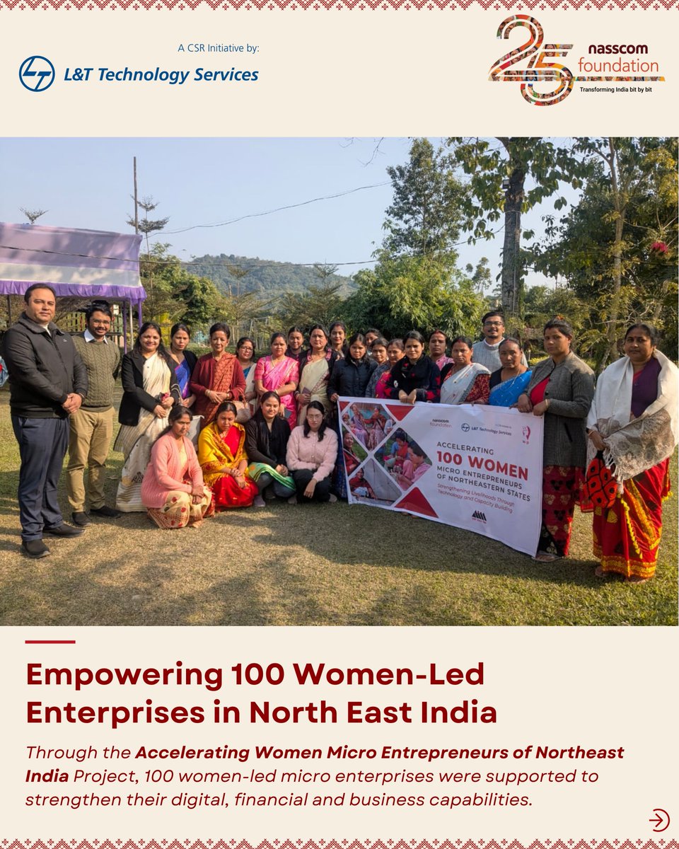 nasscomfdn's tweet photo. Across the rural regions of Assam, Meghalaya and Tripura, women micro entrepreneurs in the handloom and handicrafts sector are not only preserving the cultural legacy of Northeast India, but also building enterprises rooted in ambition, creativity and resilience.

As the Accelerating Women Micro Entrepreneurs of Northeast India initiative culminates, we celebrate a journey that was thoughtfully structured across three phases — Awareness, Application and Adoption designed to support #RuralWomenEntrepreneurs at different stages of business readiness.

With support from @larsentoubro  and in partnership with the @WomenEntrepreneurshipPlatform of @NITIAayog, the programme began by supporting 100 women-led micro enterprises to strengthen their digital, financial and business capabilities.

Through a structured acceleration model, the project gradually funnelled down to 26 high-potential women entrepreneurs, who received intensive mentoring and market expansion support. These entrepreneurs were provided one-on-one guidance from experts, exposure to valuable networks, support in adopting digital technology tools, and linkages to online and offline market opportunities to help them expand their customer base and scale their businesses.

By strengthening entrepreneurial knowledge, improving business practices and enhancing market access, the initiative has supported women entrepreneurs of Northeast India in building stronger, more sustainable and scalable enterprises.

This culmination marks not just the end of a programe, but the beginning of new possibilities for women entrepreneurs to grow, lead and thrive with confidence.

#WomenEntrepreneurship #NortheastIndia #MicroEntrepreneurs #DigitalTransformation #TechForGood #InclusionForAll