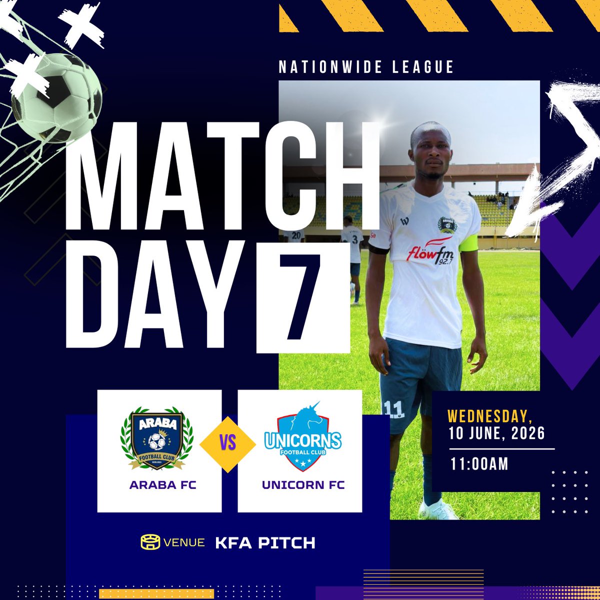 Araba_FC's tweet photo. Match Day 7 of the Nationwide League. 

@Araba_FC takes on Unicorns Football Club this morning at KFA Pitch from 11AM. 

The boys are ready,tactics are set, and the spirit is high. Every match is a chance to prove that Araba FC plays with heart, discipline, and the hunger to win. https://t.co/71WtO732tO