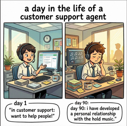 Data_Dud's tweet photo. Day 1 in customer support: I want to help people!

Day 90: I have developed a personal relationship with the hold music.
 
💬 Which company's hold music is permanently burned into your subconscious? 🤣🤣🤣
 #CustomerSupport #SupportLife #BurnoutHumor #CustomerService https://t.co/lIb7hF1Icj