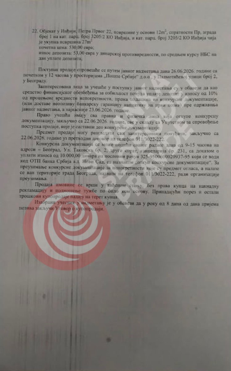 JelMilosevic's tweet photo. Pošta Srbije na kolenima - rasprodaje imovinu!

Jedan od naših najvećih giganta, Pošta Srbije, ispod žita i daleko od očiju javnosti rasprodaje svoju imovinu. Pitanje za Vučića - je l’ nam toliko dobro ide da čak i Pošta krčmi svoju imovinu ili ste nekome namenili silne objekte?!

Ko je bacio oko na odmaralište “Sava Veljković” na Divčibarama?
Kome se dopalo odmaralište “Brankovac” na Fruškoj Gori?
Kome treba lokacija stare pošte u Brzeću?
Za koga je namenjena zgrada pošte u Niškoj Banji?
Kome fale stanovi u Beogradu?

A ima još, spisak je poduži. S pravom su radnici Pošte besni i zabrinuti. Sve ono što je decenijama u vlasništvu Pošte, preživelo je i bombardovanje, ali vlast Srpske napredne stranke neće. Ostaće upamćeni kao unutrašnji okupatori, razarači, koji su pokrali, rasprodali, uništili sve što su mogli. Rastočili su ovu zemlju, razvalili naša preduzeća, oteli institucije, uvalili nas u dugove, samo da bi ostali na vlasti što duže. I nije im dosta, nego sada ispod radara i Poštine objekte da ortački pokupuju.