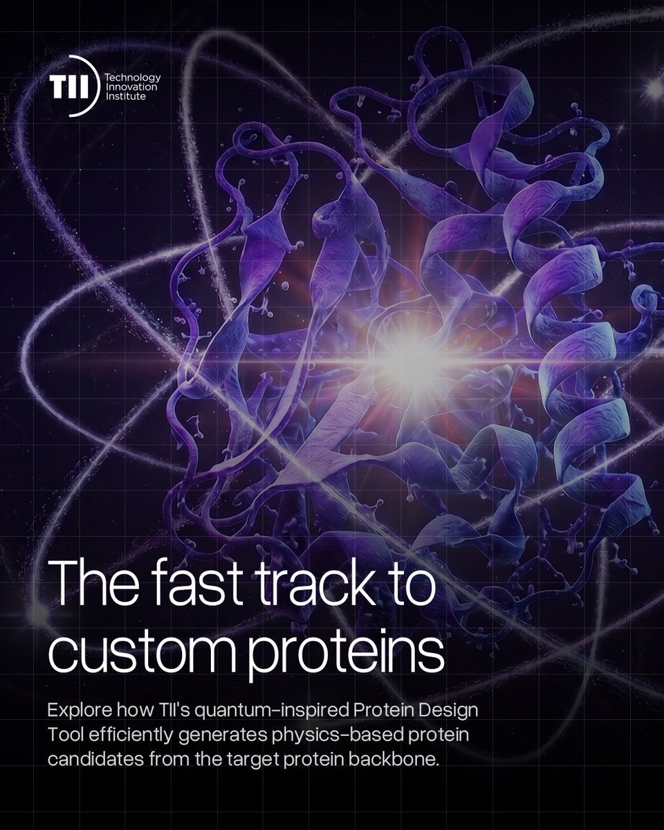 TIIuae's tweet photo. Designing proteins starts with finding sequences that fold into the right shape.

TII’s quantum-inspired, physics-based tool generates and ranks viable sequences from the target shape alone—hundreds of times faster than standard methods.

#TII #ProteinDesign #QuantumTech https://t.co/WP64GkX7GL