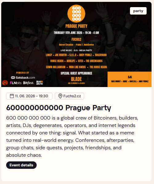 600billions's tweet photo. 21 Discounted tickets left...👀

Going to @BTCPrague?

Win 2 free tickets to tomorrows party! 🥳

1. Follow @BTCPrague and @600billions 
2. Like &amp; RT this post
3. What is the name of the first Bitcoin mining pool? (Answers below) 👇

2 random winners

Deadline: 10th June, 8PM GMT https://t.co/NjJCn4MsQ9