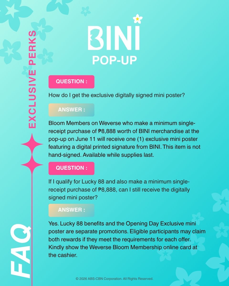 apopcollections's tweet photo. BINI POP-UP

Blooms, here's what you need to know before lining up on June 11!

Read through our FAQs and Queueing Guidelines to make sure you're prepared for opening day.

Please be guided accordingly! 🌸⭐

🗓 June 11 – August 15, 2026
⏱ Weekdays: 11:00 AM – 10:00 PM
⏱ Weekends: 10:00 AM – 10:00 PM
Hours may vary depending on mall operating hours.
📍Level 3, North Main Mall, SM Mall of Asia

#BINI #BINI_POP_UP