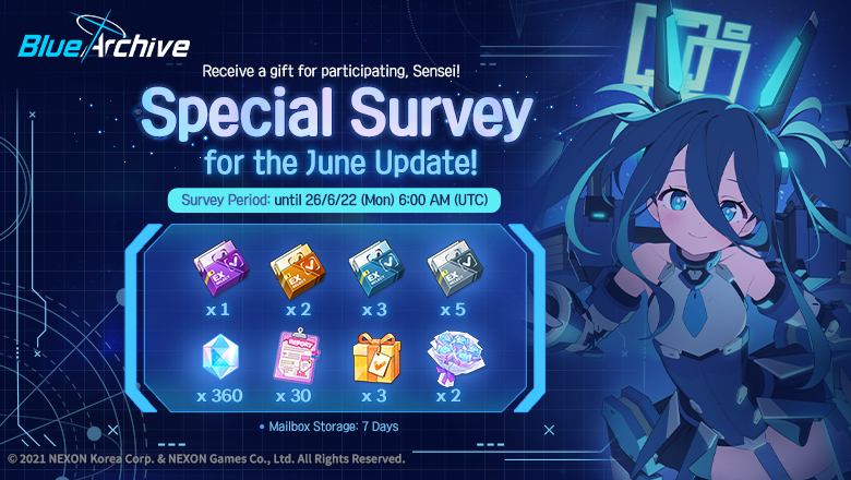 EN_BlueArchive's tweet photo. Sensei! A special survey is being held to celebrate the June update!
Please share your valuable thoughts in the special gift survey! ✨

Every word from you, Sensei, helps shape a brighter future for Kivotos.
As a token of our gratitude, Pyroxene and various other rewards will be sent to all participating Senseis at a later date. 🎁

➡️Details: https://t.co/lNGdUIGqeo

#BlueArchive
