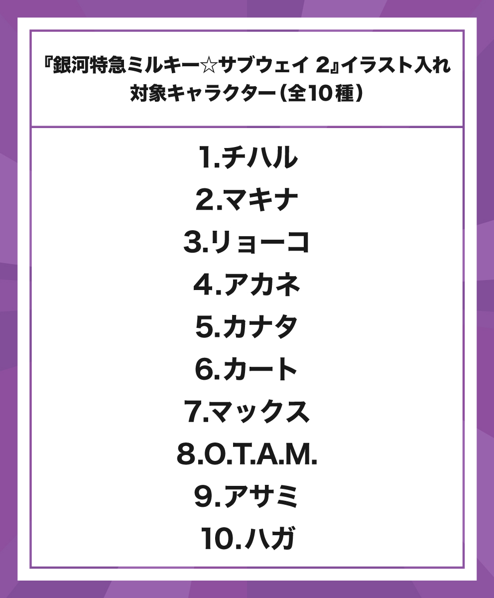 yodobashi_ogaki's tweet photo. 【抽選】★WEBサイン会開催決定★
『銀河特急ミルキー☆サブウェイ　２』河野丼先生WEBサイン会開催決定！
為書きのほかイラストも入れていただけます！全10種の中からお選びいただけます！対象キャラクターは画像からご確認ください。
詳細はURLから✨
https://t.co/6USuwJhz94
#ミルキーサブウェイ https://t.co/mIsL4DbSQY