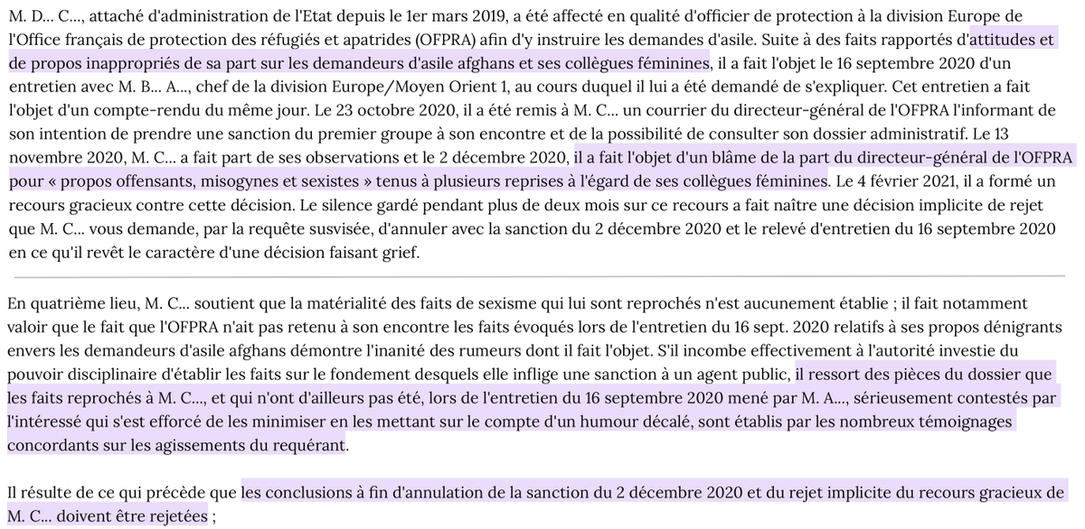 N_Hervieu's tweet photo. Sexisme : La sanction (blâme) infligée à un officier de protection de l'@Ofpra est validée.

L'intéressé a tenu des « propos offensants, misogynes et sexistes » envers ses collègues féminines.

Sa justification fondée sur « un humour décalé » est rejetée par la juridiction. https://t.co/v075qXlcPV