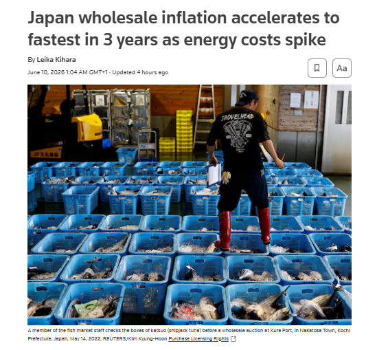 GonzaloCanete's tweet photo. 🇯🇵 JAPÓN: INFLACIÓN MAYORISTA EN MÁXIMOS DE TRES AÑOS

📈 El índice de precios al productor (IPP) subió un 6.3% interanual en mayo, superando el 5.5% esperado y acelerándose desde el 5.3% de abril.

🛢️ El aumento estuvo impulsado por los metales no ferrosos, productos químicos y derivados del petróleo.

🌊 El cierre efectivo del estrecho de Ormuz disparó los costes del crudo y el nafta, trasladándose a los precios al productor.

🏦 Se espera que el Banco de Japón suba los tipos de interés a corto plazo en su reunión del 15-16 de junio, la primera subida desde diciembre.

💴 El índice de precios de importación basado en el yen subió un 25.5%, alimentando la inflación persistente.

📊 Los mercados anticipan subidas continuas cada cuatro meses para controlar las presiones inflacionarias.

#Japón #Inflación #IPP #BancoDeJapón #Petróleo #Yen