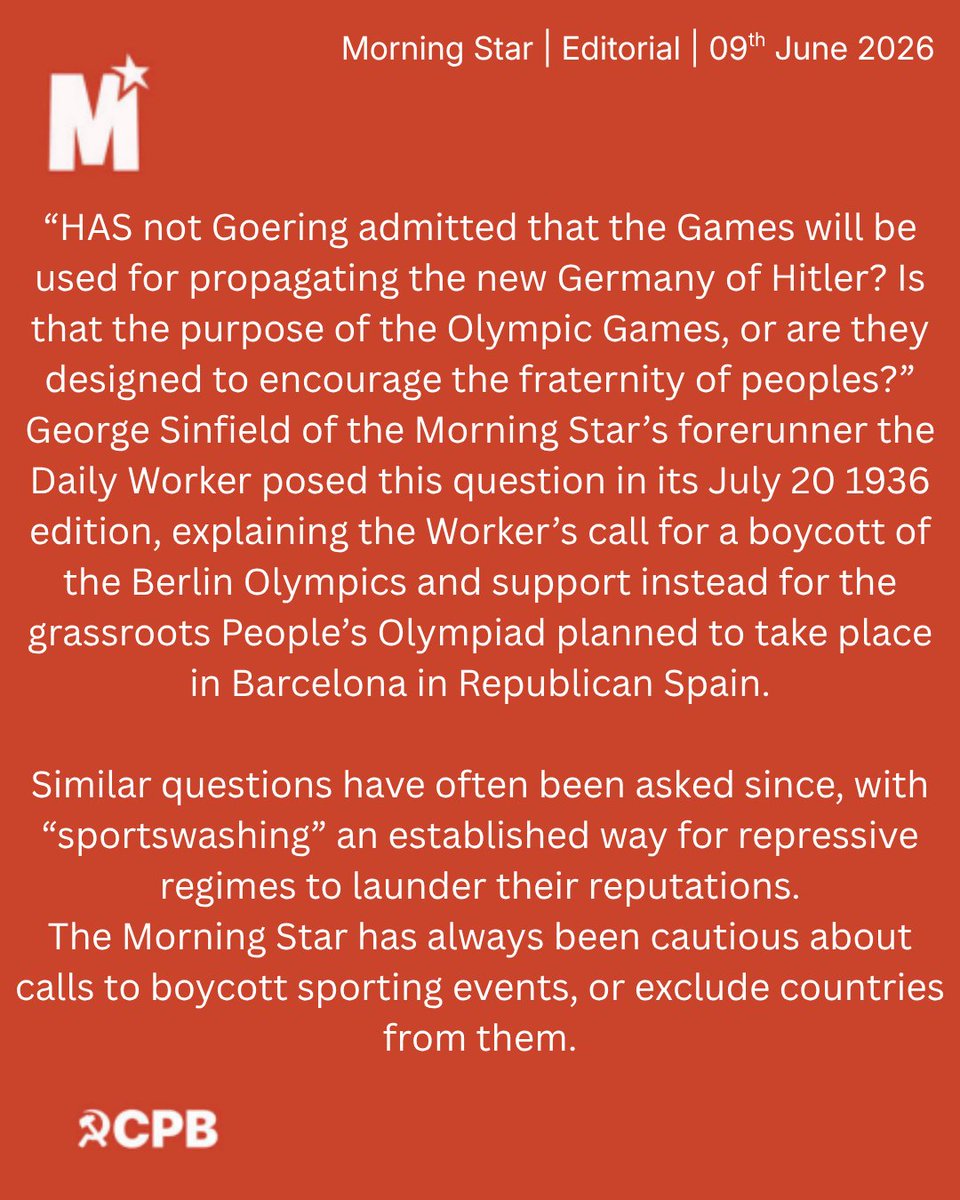 CPBritain's tweet photo. EDITORIAL: Boycott Trump’s World Cup

The announcement of a World Cup hosted under the banner of a Trump administration represents a grotesque fusion of global capital and reactionary nationalism. This is not merely a sporting event, but a calculated exercise in sportswashing designed to sanitise the image of a regime built on the marginalisation of the working class and the demonisation of the migrant. The spectacle serves as a mass distraction, a bread and circus routine intended to desensitise the public to the erosion of civil liberties and the expansion of state violence.

Football belongs to the communities that built it, not to the billionaires who seek to use it as a tool for political rehabilitation. To participate in this tournament is to provide a veneer of legitimacy to an ideology that is fundamentally antithetical to socialist internationalism. We must recognise the psychological grooming inherent in such state sponsored pageantry. The Morning Star calls for a  boycott. We refuse to be complicit in the commodification of our culture for the benefit of the far right.

#BoycottTrumpWorldCup #MorningStar #SocialistPolitics #NoSportswashing #FIFA #TheBeautifulGame