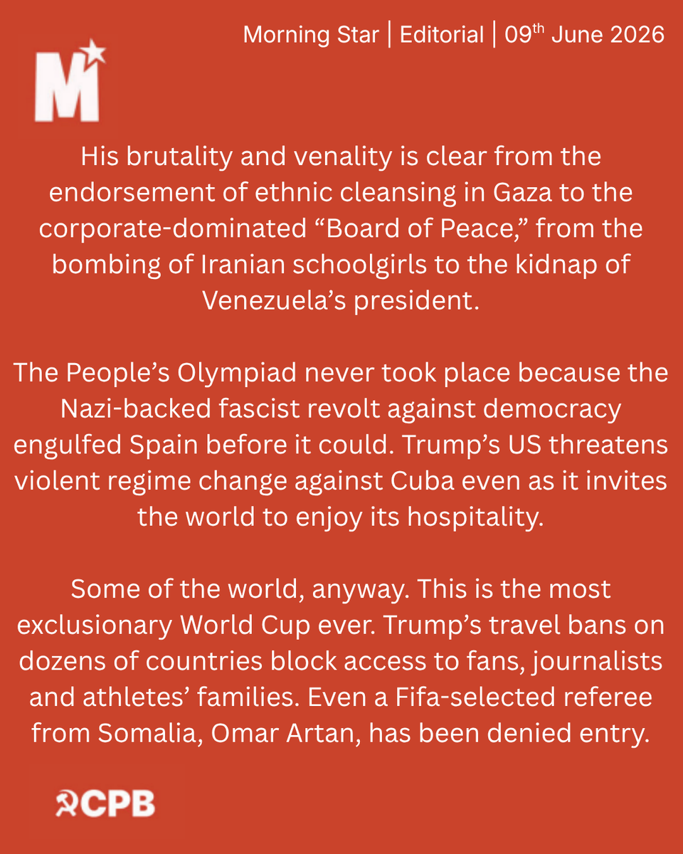 CPBritain's tweet photo. EDITORIAL: Boycott Trump’s World Cup

The announcement of a World Cup hosted under the banner of a Trump administration represents a grotesque fusion of global capital and reactionary nationalism. This is not merely a sporting event, but a calculated exercise in sportswashing designed to sanitise the image of a regime built on the marginalisation of the working class and the demonisation of the migrant. The spectacle serves as a mass distraction, a bread and circus routine intended to desensitise the public to the erosion of civil liberties and the expansion of state violence.

Football belongs to the communities that built it, not to the billionaires who seek to use it as a tool for political rehabilitation. To participate in this tournament is to provide a veneer of legitimacy to an ideology that is fundamentally antithetical to socialist internationalism. We must recognise the psychological grooming inherent in such state sponsored pageantry. The Morning Star calls for a  boycott. We refuse to be complicit in the commodification of our culture for the benefit of the far right.

#BoycottTrumpWorldCup #MorningStar #SocialistPolitics #NoSportswashing #FIFA #TheBeautifulGame