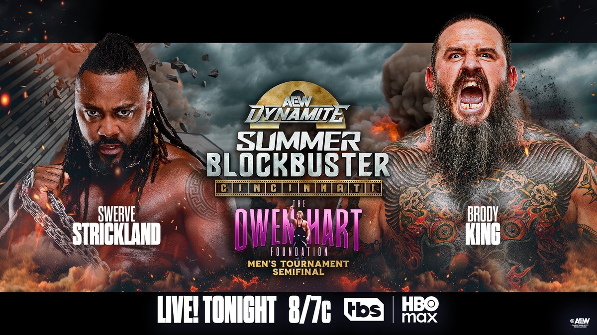 AEW's tweet photo. TONIGHT!

We want to know what part of #AEWDynamite: Summer Blockbuster you're most excited to see!

Watch LIVE at 8/7c on @TBSNetwork &amp; @HBOMax, TONIGHT! https://t.co/5albeYJLaD