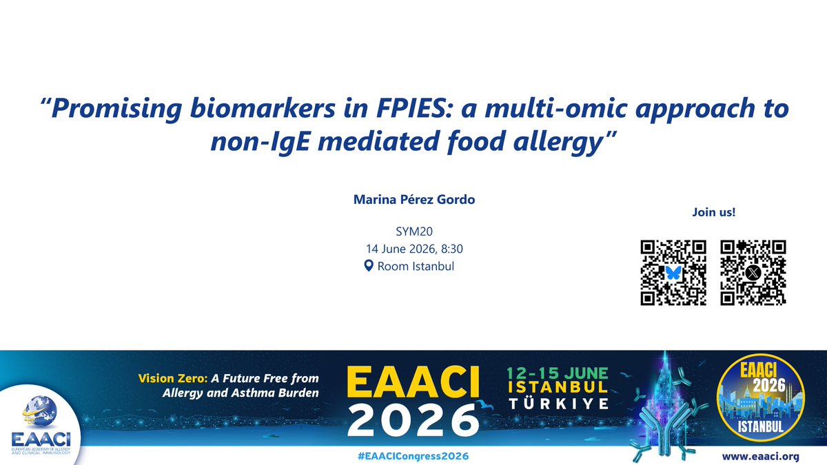 allerbiomics's tweet photo. Third day at #EAACI2026! Tomorrow, Marina Pérez Gordo (@marinaprzg) will give an intriguing symposium on new and promising biomarkers in FPIES. Join us at 📍Room Istanbul, 8:30

#EAACI2026 https://t.co/k4wPBtx352