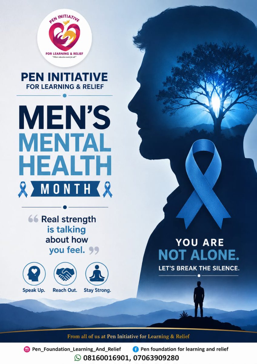 Penflr's tweet photo. Many men are silently carrying pain, pressure, and struggles they never talk about

This Mens Mental Health Month, let's remind every man that seeking help is a sign of strength, not weakness.
Your mental health matters. 
#MensMentalHealthMonth #BreakTheSilence #PENInitiatives https://t.co/Y9jPHyxKQc