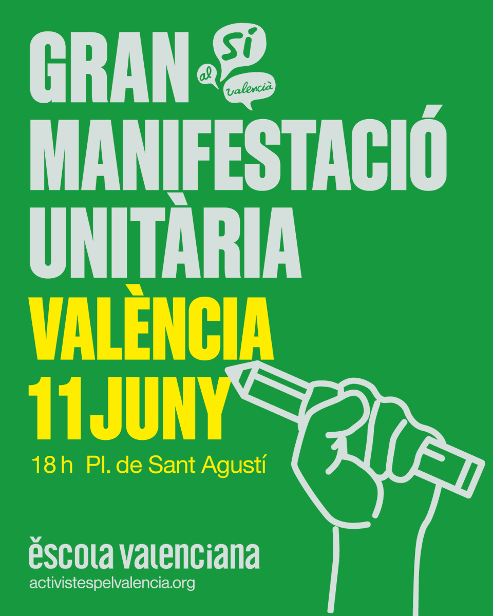 escolatv's tweet photo. 📢Tornem als carrers per l'educació pública en valencià!

Encara sense resultats de la consulta, però amb el mateix compromís: una escola pública de qualitat i en valencià

🗓️11 de juny, 18h
📍València, plaça de Sant Agustí

Busca la pancarta groga de "Som l'Escola Valenciana" https://t.co/Ie78tUOfhO