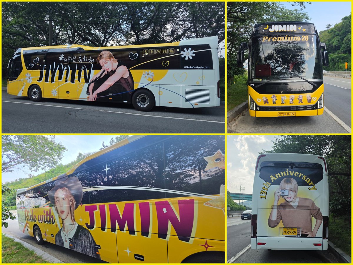 JiminOnApple_Ko's tweet photo. 💛 Busan Concert Jimin Support 💛

지민이를 응원하기 위해 준비한「Ride with Jimin」 지민버스 랩핑 작업이 완료되었습니다!! 🚌 💨

🏵 부산아시아드 주경기장 일대(지도 참조)
운행일 : 6월 12일~6월 13일
운행시간 : 10:00~19:00

🏵 부산역 ↔ 카페 지밀레니얼(시간표 참조)
운행일 : 6월 11일 / 6월 14일
운행시간 : 09:00~18:00
* 교통상황에 따라 시간변동 가능

함께라서 더욱 빛나는 순간,
지민버스와 함께 특별한 추억을 만들어 보세요 ✨