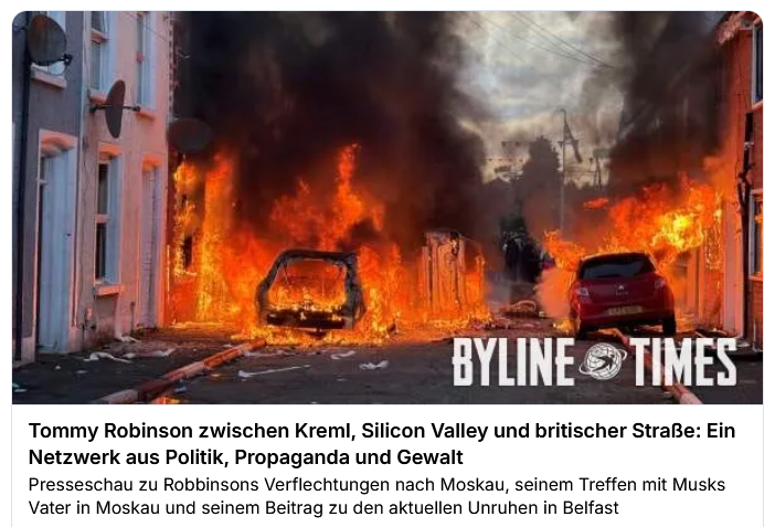 DrDobberstein's tweet photo. Tommy Robinson zwischen Kreml, Silicon Valley und britischer Straße: Ein Netzwerk aus Politik, Propaganda und Gewalt https://t.co/IXDsfNQTrO https://t.co/NNdHRYlYn0