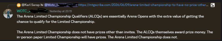 terribadmtg's tweet photo. It has now been officially confirmed by WOTC in the Pro Tour discord.

When I thought I qualified for Arena Limited Championship I think it was fair to assume it was a draft event at least in some way resembling Arena Championship. In reality I just qualified for a LCQ on Arena. https://t.co/7KnisfBql3