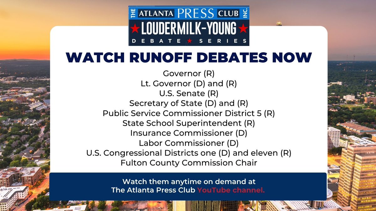 atlpressclub's tweet photo. Election Day is June 16. 🗳️
Watch the Loudermilk-Young Debate Series runoff debates on demand before voters head to the polls.
Watch now: https://t.co/zOdC7K7PQ0
#GaPol #APCDebates https://t.co/NWedrItgsg