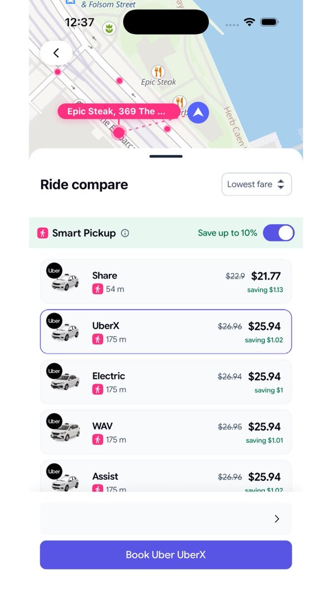 O78's tweet photo. Why open 4 ride apps when one does it for you?

Buyhatke compares fares across Uber, Lyft, Waymo, Curb &amp; more in seconds, helping you find the cheapest ride before you book

 Turn on Smart Pickup and walk a short distance to save even more on every trip

Less surge. More savings.