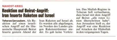 IsraelinAustria's tweet photo. Offener Brief an die @krone_at-Redaktion:

Die Überschrift „Reaktion auf Beirut-Angriff: Iran feuert Raketen auf Israel“ ist irreführend, da sie implizit die Darstellung des iranischen Regimes übernimmt.

Israel griff die Hisbollah an, eine als terroristisch eingestufte Organisation, die derzeit aktiv israelische Zivilisten gezielt bombardiert, und dem Libanon selbst verheerendes Leid zugefügt hat. Die Behauptung, eine solche Operation gegen eine international als terroristisch eingestufte Organisation berechtige den Iran irgendwie dazu, Raketen auf israelische Ballungszentren abzufeuern, schafft eine gefährliche falsche Gleichsetzung.

Noch wichtiger ist, dass die Behauptung des Iran, er habe das Recht, Israel wegen der gegen die Hisbollah ergriffenen Maßnahmen anzugreifen, die Realität offenbart, dass der Iran die Hisbollah als seine eigene Stellvertretermacht und den Libanon als Schauplatz betrachtet, auf dem er ungeachtet der Wünsche des libanesischen Staates agieren kann.

Wie der libanesische Präsident Joseph Aoun kürzlich erklärte, liegen Entscheidungen über Krieg und Frieden ausschließlich beim libanesischen Staat, und es muss ein staatliches Waffenmonopol geben. Dennoch ignorierte der Iran die Wünsche des Libanon und handelte so, als sei die Hisbollah sein eigener militärischer Arm.

Wenn wir wirklich einen souveränen und stabilen Libanon wollen, dürfen wir keine Narrative mehr akzeptieren, die den Libanon, die Hisbollah und den Iran zu einem einzigen Akteur verschmelzen. Der Einfluss der Hisbollah auf den Libanon ist das Problem, nicht die Lösung. Es beim Namen zu nennen, ist der erste Schritt, um dies zu ändern.