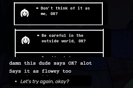reidabesteroo's tweet photo. i had literally 1 single takeaway from the newsletter and it was that it used an asriel speech quirk at one point . definitely totally solid piece of evidence that he'll appear in chapter 5. no holes in it whatsoever. https://t.co/IKLcP3RkMY