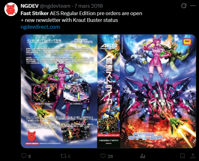 COTW_SNK_NeoGeo's tweet photo. Despite having collected payment in March 2018 for 100 #AES pre-orders of #FastStriker at €429 each —orders that remain undelivered more than eight years later — @ngdevteam is now preparing to release a new print run of #KrautBuster. After 8 years, is it fair to call it a scam? #NeoGeo #SNK
