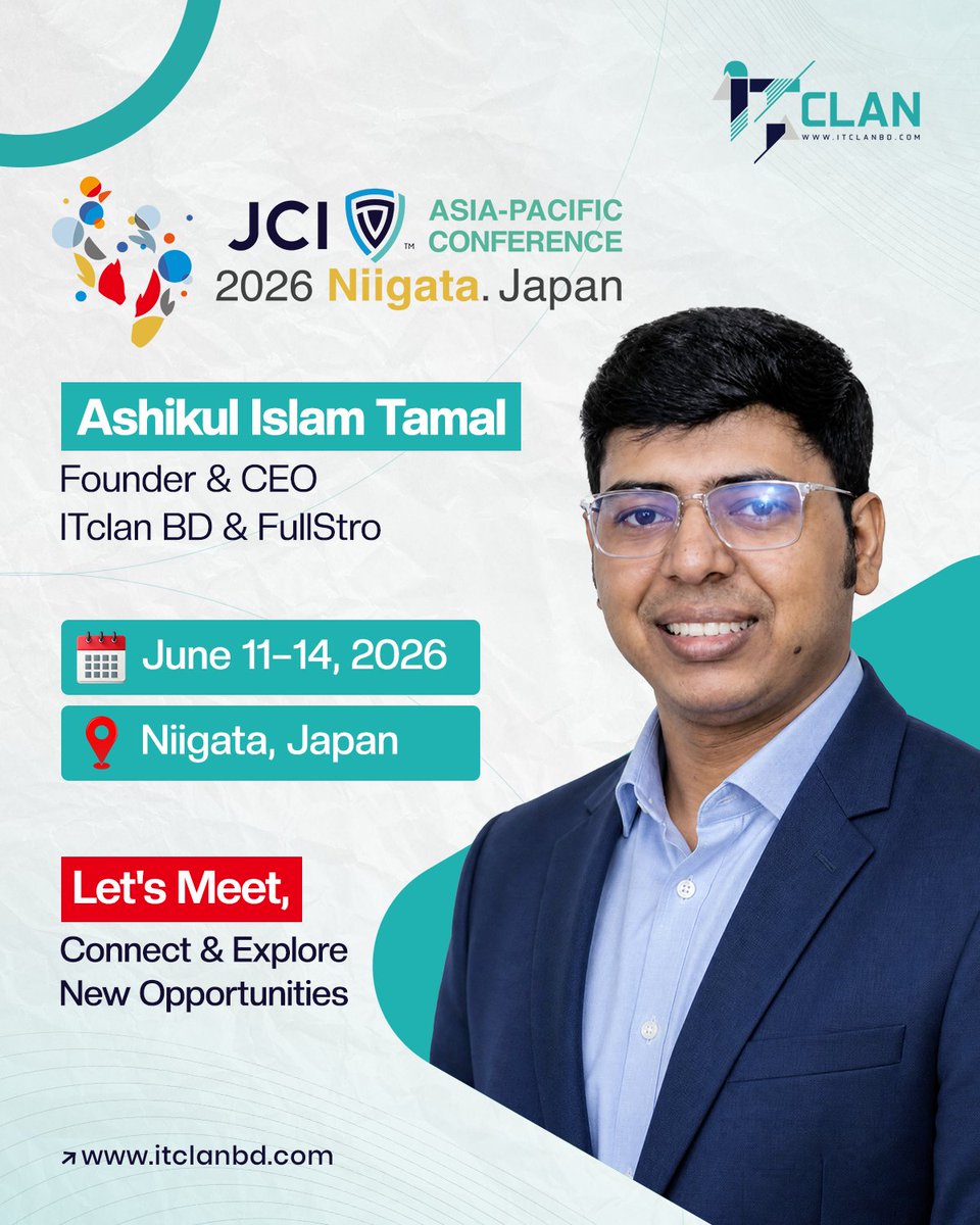 itclanbd's tweet photo. 🚀 𝐄𝐱𝐜𝐢𝐭𝐢𝐧𝐠 𝐍𝐞𝐰𝐬!
We're proud to share that Ashikul Islam Tamal, Founder &amp; CEO of ITclan BD and FullStro, will be attending the 2026 JCI Asia and the Pacific Conference (JCI ASPAC 2026) in Niigata, Japan.

See you in Japan!
#JCIASPAC2026 #BeTheChange #NiigataJapan https://t.co/XTCabEFK5z