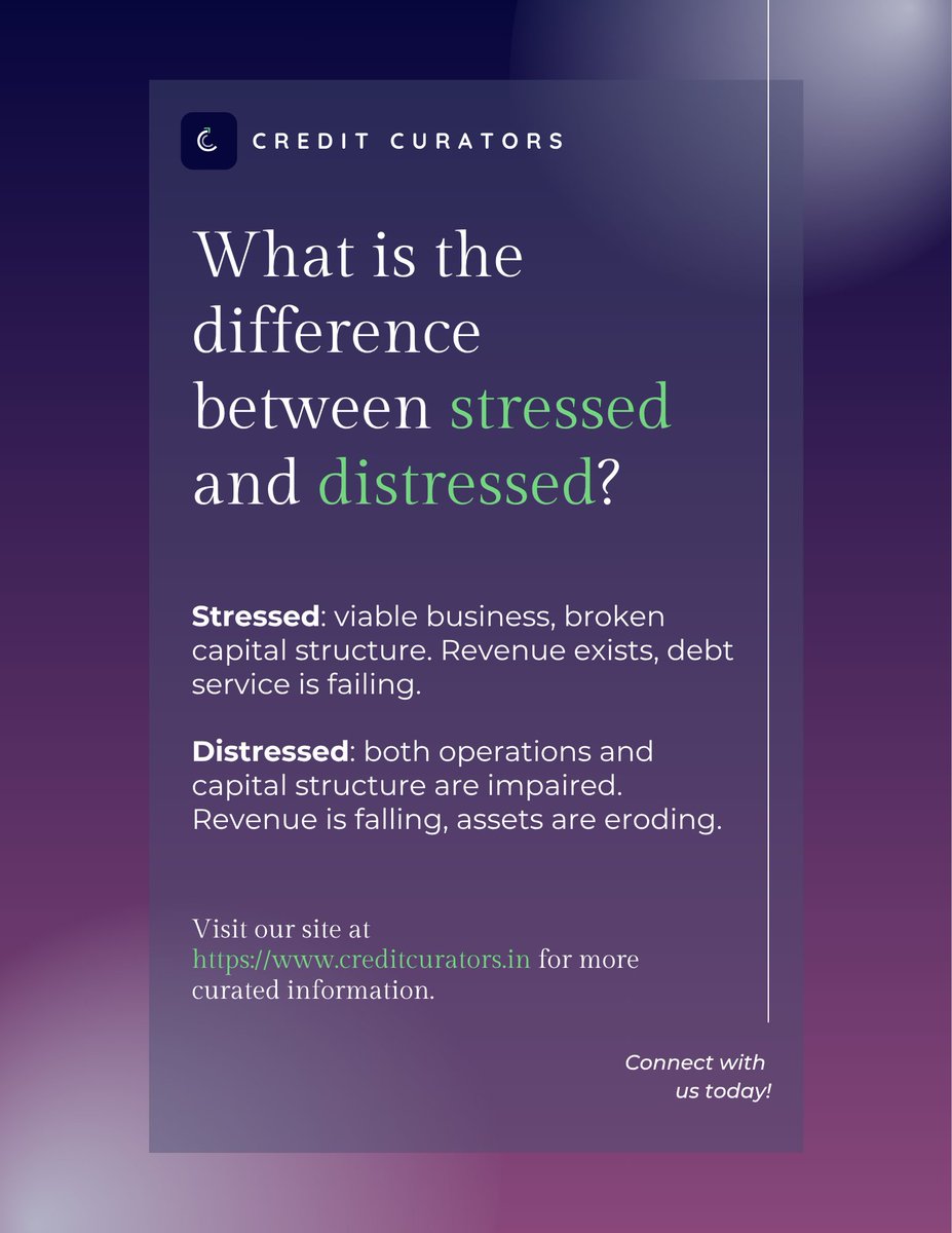 CreditCurators's tweet photo. 🟡Stressed: Revenue exists. Business works. Capital structure is broken. → Fixable. Strategy = restructure the debt.

🔴Distressed: Operations AND capital structure both impaired. Revenue falling. Assets eroding. → Urgent. Strategy = stop the bleed first.

#CreditCurators https://t.co/laZJxmgvhD