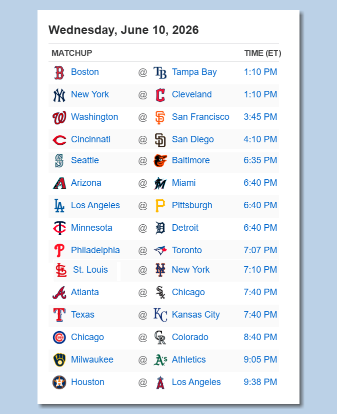 BSmile's tweet photo. Here's the #MLB schedule for Wednesday, June 10th - PLAY BALL!!! https://t.co/mLKMxqLaKi