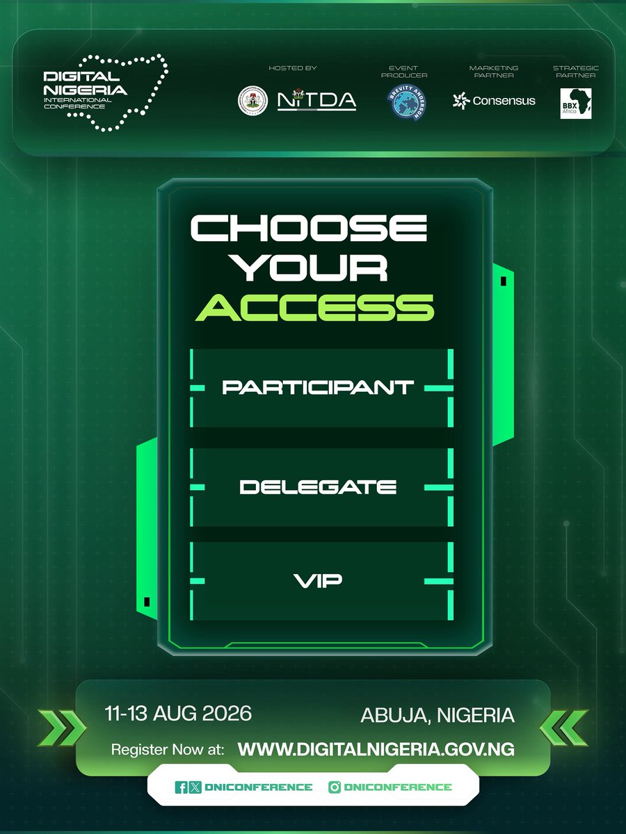 DNIConference's tweet photo. Your Gateway to Africa’s Largest Digital Transformation Gathering Awaits!

Choose your access and join the minds shaping Nigeria’s digital future at Digital Nigeria International Conference 2026.

📅 11–13 August 2026
📍 Abuja, Nigeria
🔗 Register now: https://t.co/WLPCMAu45K https://t.co/dYya7jf5pi