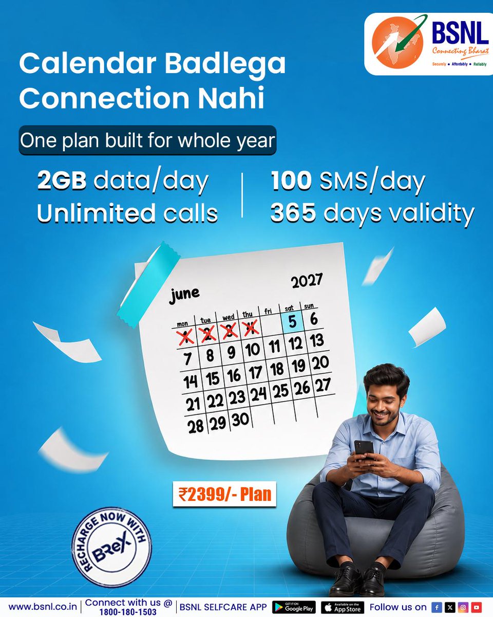 BSNLCorporate's tweet photo. The best connections are the ones you don't have to think about. 

Recharge smart via #BReX 👉 https://t.co/41wNbHpQ5c

#BSNLIndia #StayConnected #InternetForEveryone #DigitalLife #IndiaOnline #BSNLServices #SmartIndia #EverydayConnectivity #2399plan #365days https://t.co/0uVgQcVWLf
