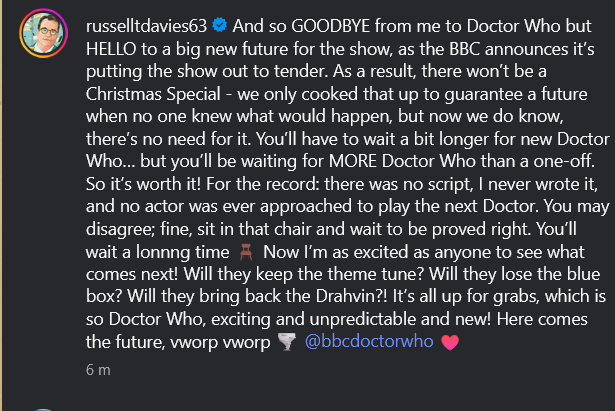 darren_lock's tweet photo. This is RTD saying "FUCK YOUUUU!" and laughing at the fans because there was never going to be a Xmas special, there was no script and there was never any intention of casting anyone. It was all just a ruse and for what? That's how little regard he has for the show or the fans. https://t.co/GwKVVi8P1F
