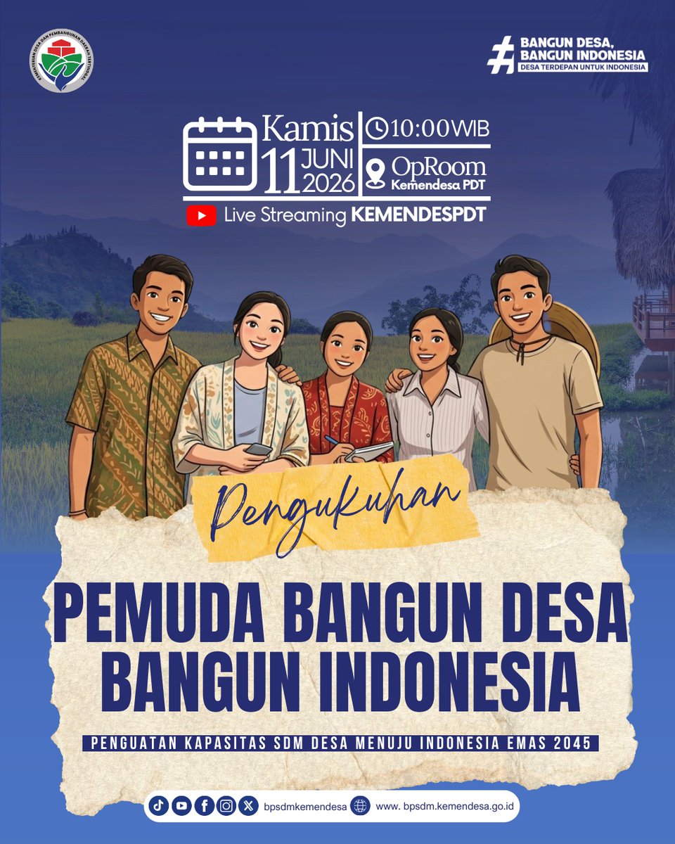 bpsdmkemendesa's tweet photo. *Dari Desa Menuju Pentas Dunia: Menanti Kiprah Pemuda Bangsa di Negeri Sakura*

Kamis, 11 Juni 2026, akan menjadi momentum bersejarah bagi pemuda-pemudi perdesaan bersama Kementerian Desa dan Pembangunan Daerah Tertinggal
sebuah langkah nyata untuk membawa talenta terbaik desa https://t.co/9KYxjbHsZ7