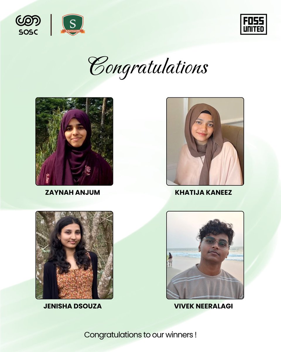 sosc_sahyadri's tweet photo. Big win at #FOSSHack2026!
Congratulations to Zaynah Anjum, Khatija Kaneez, and Jenisha Dsouza for winning ₹10,000 for their contributions to the FOSS United Platform, and to Vivek Neeralagi for earning a commendation for his Hoppscotch bug fix.
#OpenSource #SOSC #Sahyadri https://t.co/mcMkrLELtL
