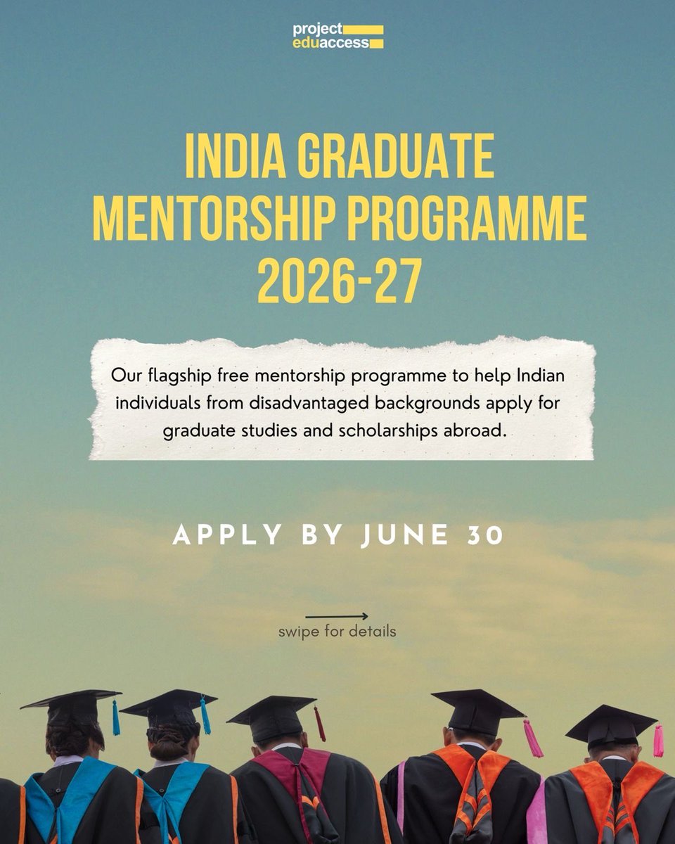 ProjEduAccess's tweet photo. 📢 Applications are now open for the India Graduate Mentorship Programme (IGMP) 2026-27!

🗓 Deadline: 11:59 PM IST, Tuesday, 30 June 2026

🔗 Apply here: https://t.co/wGd1SMA3Wq

#projecteduaccess #studyabroad #masters #phd #scholarships #access #mentorship #india https://t.co/cPqfYNwDtR