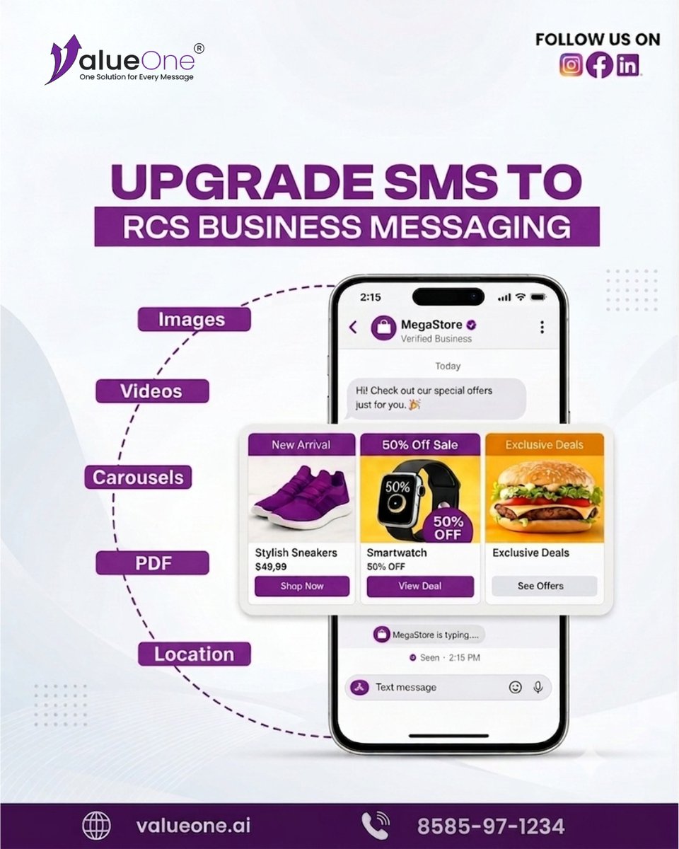 valueoneai's tweet photo. 📱 Upgrade SMS to RCS!
Engage customers with rich, interactive messaging—images, videos, carousels, and more.
#RCSMessaging #BusinessMessaging #CustomerEngagement #DigitalMarketing #SMSMarketing #RichCommunication #ValueOneAI #BusinessGrowth #MarketingAutomation https://t.co/K4RJaedhml