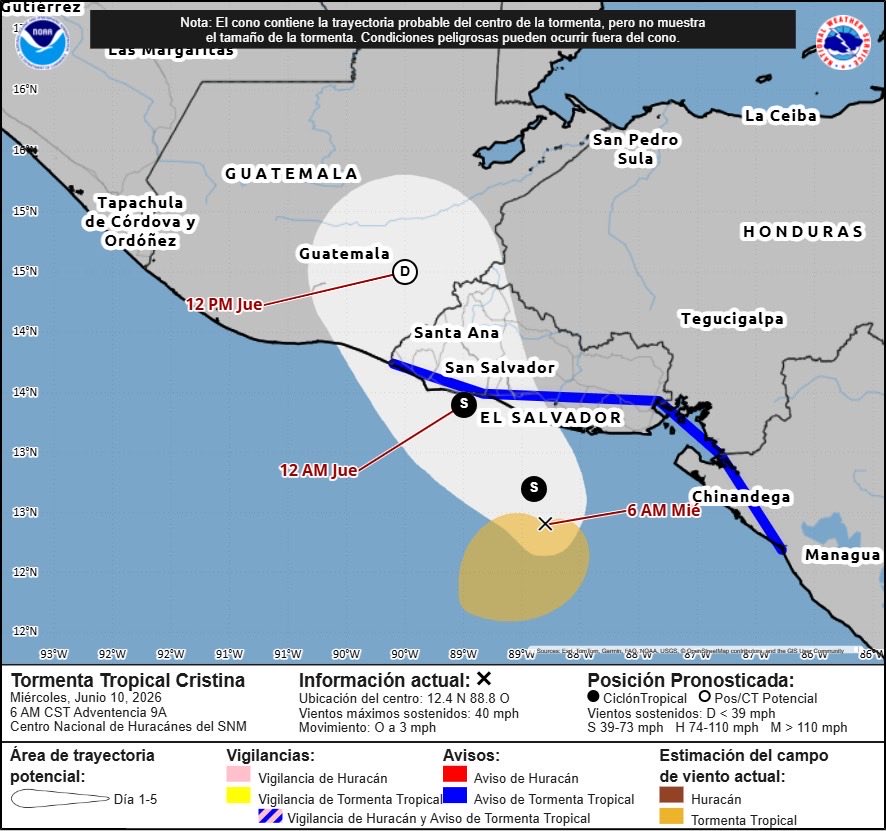 HuracanInfoCo's tweet photo. 🌀 #CRISTINA TOCARÍA TIERRA EN EL SALVADOR EL JUEVES

La Tormenta Tropical #Cristina continúa desplazándose lentamente frente a las costas de Centroamérica con vientos máximos sostenidos de 65 km/h.

El NHC indica que el sistema podría girar hacia el oeste-noroeste y acercarse a la costa de El Salvador 🇸🇻 durante la mañana del jueves. La cercanía a tierra continuará limitando cualquier fortalecimiento significativo.

📉 Una vez #Cristina toque tierra, comenzará a debilitarse rápidamente sobre el terreno montañoso de El Salvador y Guatemala, disipándose posteriormente el jueves por la noche.

⚠️ La principal amenaza continuará siendo la lluvia intensa, con potencial de inundaciones repentinas y deslizamientos de tierra en sectores de Nicaragua, Honduras, El Salvador y Guatemala.

💨 Además, condiciones de tormenta tropical, especialmente ráfagas fuertes, seguirán siendo posibles hoy y esta noche en partes de las costas de Nicaragua, Honduras y El Salvador.