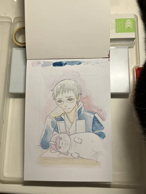 今日は漫画家の集まりに参加してきました。ネームやお絵描きしても良いとのことで、ネームは人がいると出来ないタイプなので、ねこ展用のイラストを描きながらお話を聞いておりました。クリアケースに画材を入れるのはアートマルシェで実演されていた先生のマネです。めちゃ便利だった