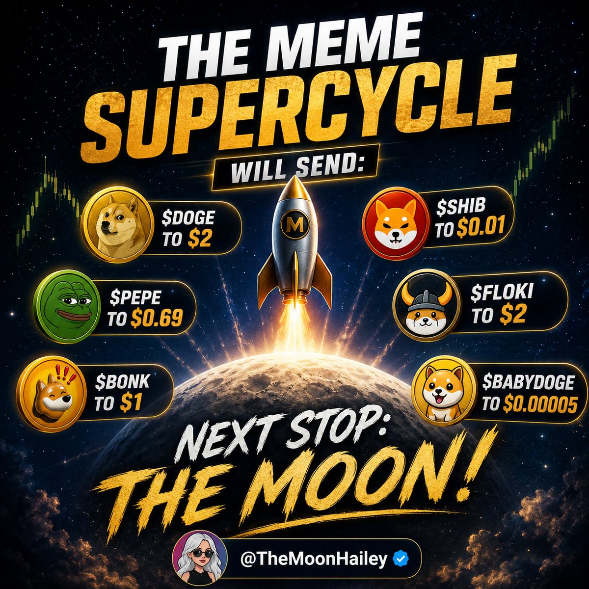 TheMoonHailey's tweet photo. The meme supercycle will send:

$DOGE to $2
$SHIB to $0.01
$PEPE to $0.69
$FLOKI to $2
$BONK to $1
$BABYDOGE to $0.00005 https://t.co/vC2RlupXsr
