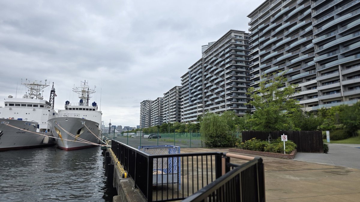 sawada04's tweet photo. 晴海埠頭、何年ぶりか分からないけど有楽町線の月島駅から歩いて行った。
真新しい晴海のマンションの下を歩くと、12時ぐらい昼なのにあんまり人が居ない感じがしたが、見学ツアー終わって公園に行くとめちゃくちゃ子供を連れた家族連れが居て昼と違くて驚いた。
都内の子育て最前線地帯なのかな？ https://t.co/b4g9NwroyL