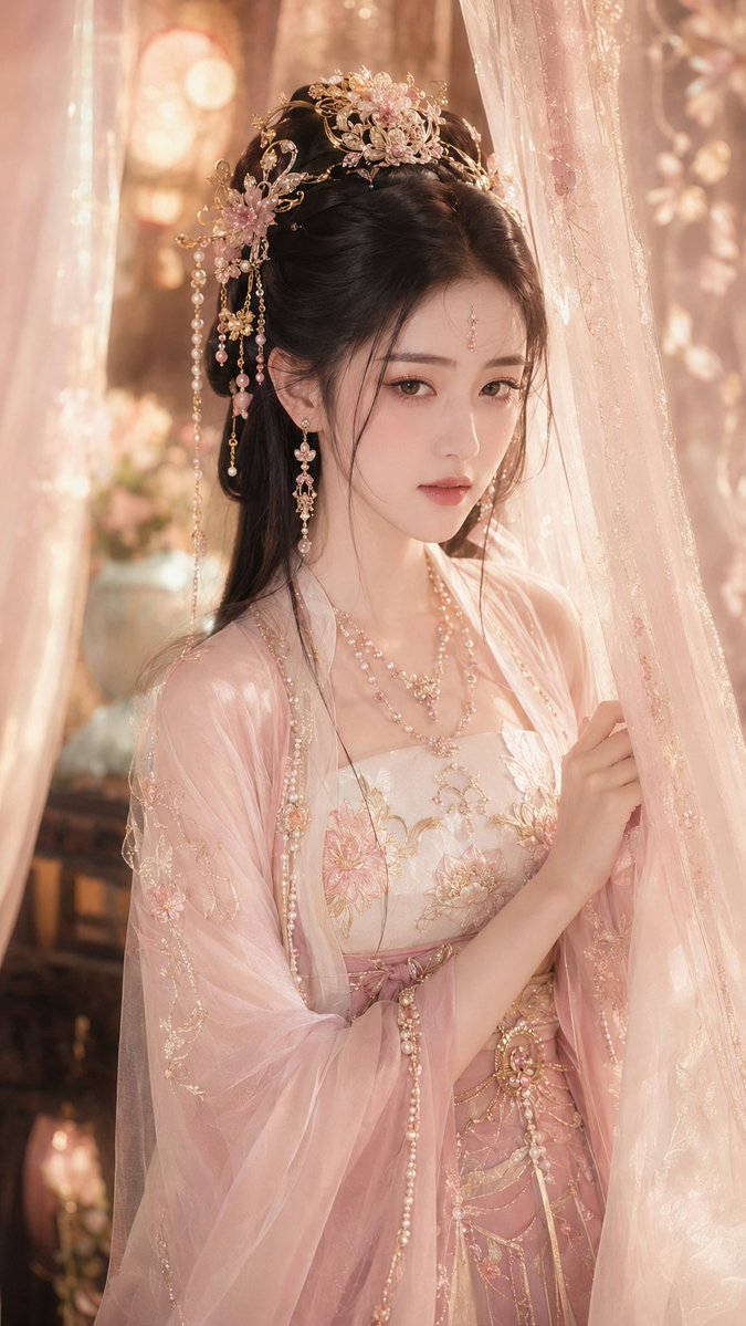 liyue_ai's tweet photo. GPT Image 2生成古风写真：春闺照影

这张图片，如果想做出那种温柔含蓄的古风女主感，我会更在意这几个地方：

- 轻纱帘幕不能只是背景，它其实是在给画面加“朦胧感”和“呼吸感”。
- 藕粉、珍珠金、玫瑰豆沙这些颜色要一起看，核心不是艳，而是柔。
- 轻纱、珍珠、刺绣、层叠裙摆，这些材质细节一多，贵气感自然就出来了。
- 暖柔光穿过纱帘打到脸上，会比单纯提亮画面更有闺阁梦幻感。
- 轻侧身上半身这个镜头很稳，既能保留含蓄感，又能把人物气质收住。

这类提示词本质上不是在写“古风服装”，而是在写一种：

柔光 + 纱层 + 暖金色气息 + 含蓄女主神态

提示词见评论区。