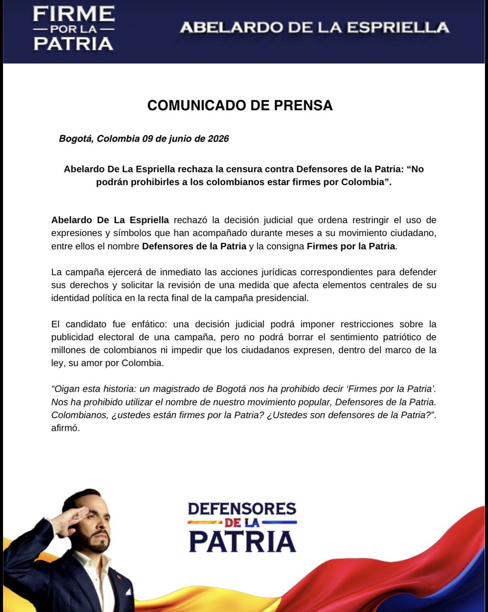 DefensoresBog's tweet photo. Nos quieren callar.
Nos quieren censurar.
Nos quieren prohibir hasta decir lo que sentimos por Colombia.

Pero hay algo que nunca podrán prohibir: el amor por la patria y la voluntad de millones de colombianos de recuperar su país.

Este 21 de junio Firmes por la Patria🫡🇨🇴🐅 https://t.co/M9fVff6Ttu